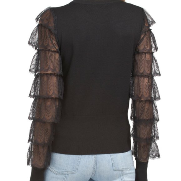 NWT COCOBLEU Black Cardigan With Lace Arms  black 165tn - Picture 2 of 7